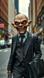 Placeholder: A mean man with suite carrying a business bag walking in the new York street , his head is an old scary doll , scary smile , big eyes high quality, 8k