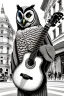 Placeholder: One single mature owl, playing guitar in the street , Vienna, friendly, sunny day, model style, hyper realistic, extremely accurate, delicate, extremely detailed, Graphic novel style, wide-angle, open aperture, superfine pencil