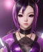 Placeholder: Detailed cute anime Kunoichi girl, purple hair buns, purple bangs, black latex bodysuit, intricate details, full body portrait, keep head in frame, slight smile, black Japanese motif, concept art, highly detailed, digital painting, concept art, sharp focus, illustration, art by Yoji Shinkawa, WLOP and greg rutkowski and alphonse mucha and artgerm and yanjun Chen and Junji ito and Makoto Shinkai, HDR, octane render