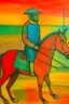 Placeholder: Man on horseback in the style of Paul Klee, Degas, pastel chalk with thin sketchy lines, vibrant colours, ink transfer
