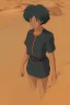 Placeholder: 3D render of a cyberpunk tribal young black woman, black hair, ragged shirt, on a orange dune background, digital art