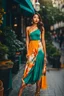 Placeholder: full body shot Young woman, 20 years old, wearing nice fashion dress walk in street,looking to camera soft sunlight accentuating the vibrant hues of her attire, high contrast, candid photo, natural light, ultra realistic