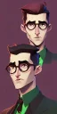 Placeholder: Fit man in round glasses, stubble,no beard, slim, tie, monotone, green eyes, comic book style, two tone colours, detailed, ink, realistic, handsome, square jaw, big brows, no jacket, bird on the shoulder, spotlight