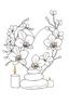 Placeholder: outline art for visually rich appealing heart shape orchids plumeria rounded stones candles, ikebana style, coloring page for kids, white background, fit to page, only use outline, clean line art, no shadows, clear and well outlined
