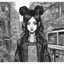 Placeholder: create a full body portrait illustration of a dark haired vampire gothpunk girl with highly detailed , sharply defined feminine facial features, in a chaotic, turbulent, otherworldly London in the anime style of Junji Ito, precisely drawn, inked, with dramatic edges,