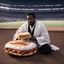Placeholder: In the center of the frame, the Priest of the Red Redemption lies back against several soft, disheveled pillows in a desolate municipal baseball stadium during twilight. He holds a large, handmade, multi-layered sandwich (crusty sourdough, turkey, melting cheese) poised for a bite. An unlit cigarette dangles from his lips as he clutches a crumpled black-and-white photograph close to his chest—a psychedelic tape infinite loop dance playing in a raw 35mm fisheye perspective. One hand covers his ey