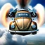 Placeholder: a high definition screen shot of a jet-fighter vw-beetle, retrofuturistic, phototrealism, in flight, one subject, should have wings with atleast one exposed jet on each wint or one coming throught thr front and center of the vehicle.