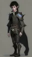 Placeholder: boy elf,he has curly, black hair and sharp cheekbones. His eyes are black. He wears fantasy medieval clothes. he is lean and tall, with pale skin, full body with boots, side view full body