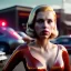 Placeholder: Ultra Realistic retro sci-fi afire Supermarket parking scene, 1960 year, blonde woman, sweet scarlet Johansson face, perfect iris, glow eyes, face makeup, tight latex coat; many panic people looking, Retro sci-fi style, soft color, highly detailed, unreal engine 5, ray tracing, RTX, lumen lighting, ultra detail, volumetric lighting, 3d, finely drawn, high definition, high resolution.