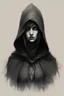 Placeholder: a monstrous black-robed hooded woman, small, divergent eyes, sketchdrawing by Keith Thompson