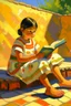 Placeholder: mexican child reading a book sitting down painting neoclassism whole body zoom the sun young