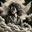 Placeholder: woman sitting forward Her face upward and blows cigarette smoke from their mouth upward. a figure with wings emerging from its back. behind the clouds of smoke look death. dark and mysterious