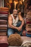 Placeholder: close up photography of a burly beefy strong 49-year-old Turk in Istanbul bazaar, shirtless, selling carpets sitting on a pile of carpets, biig shoulders, manly chest, very hairy, side light,