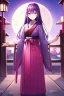 Placeholder: girl, masterpiece, best quality, cinematic lighting, detailed outfit, vibrant colors, perfect eyes, purple hair, pink eyes, long hair, A young woman in a traditional Japanese hakama, standing in a shrine, illuminated by a full moon, with a soft, intricate details, and dynamic composition