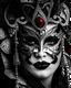 Placeholder: Beautiful faced red and black and white diamond ornated venetian masqued woman portrait adorned wit carnival of venice style costume adorned with Venetian headdress Black ad wite and silver colour metallic filigree floral embossed qth mineral stones ribbed, masquerade background bokeh