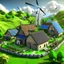 Placeholder: Very realist village with hydraulic, solar and wind power green energy