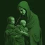 Placeholder: serene yet haunting scene depicts a humanoid cradling two children—one human, one humanoid—in her arms. The humanoid mother gazes at them with a peaceful expression. The human child, wrapped delicately in a green, net-like material, sleeps soundly, while the humanoid child, resembling its mother, nestles beside the sibling. Tears stream from the humanoids eyes, evoking a sense of sorrow suggesting both entrapment and technological dependency. Intricate patterns adorn her head, leading to a majes