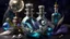 Placeholder: Small filigree glass bottle filled with silver pearls and dark iridescent feathers and alien flora in the alchemical laboratory, Fantasy theme