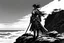 Placeholder: (in the style of Orion, by Masamune Shirow) Optimized Prompt (Art by Claudia Andujar, infrared, high-contrast black and white film photography) A solitary female samurai, the absolute final warrior of her slaughtered clan, is captured as a stark silhouette. She stands on a jagged cliff edge at the rugged coastline of Honshu. The sun has dipped below the horizon, leaving only a ghost of light—a thin, etched line against the fading, twilight sky. Her posture is a heavy monument to exhaustion and d