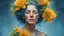 Placeholder: blue background, 18th century, portrait Woman 43 years old, rain, wind, flowers, splashes, tears, plants, yellow, blue, green, orange colors, bright, shower, drops, detailed, fine rendering, high detail, high resolution, 8K , tattoo, city, rain, double exposure,