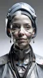 Placeholder: Cyborg female evolving | concrete floor | detailed | fine art | highly detailed | smooth | sharp focus | ultra realistic | full body portrait view, Mysterious,blue metal, smile