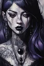 Placeholder: painting of a woman with dark purple-black long hair and black tattoos on her body, a cold, indifferent expression, silver and black onyx jewelry, black lace dress, cybernetics, crepy stunning anthropomorphic female, Minjae Lee vibe, cbybernetic and etheral human, ancient deity, by Vincent Lefevre and Yoshitaka Amano