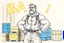 Placeholder: a drawing with sketch lead pencil, The word "BAXER" in yellow floating like a big sign, strong painting, strong expression, BAXER!, BAXER! the word Baxer, WOODEN CRATES AND BLUE BARRELS, A WORKING MAN (no beard and he have glasses) STANDS THERE WITH VERY BIG STRONG MUSCLES and the word BAXER is pulsating