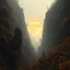 Placeholder: Close-up Ilford photograph of a creepy surreal landscape, eerie, no style, steep wall, autumn vegetation, very surreal, trees, spooky, metaphysical objects, giant sun, intricate, thoughtful, appalling, mountain rocks, figures, deep 3d field, 8k, hypermaximalist, lot of fog