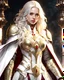 Placeholder: beautiful girl, floating golden halo above her, glowing yellow eye, platinum blonde hair, long wavy hair, wearing expensive detailed white leather armor, wearing red detailed cape, war in the background