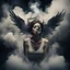 Placeholder: woman sitting forward Her face upward and blows cigarette smoke from their mouth upward. a figure with wings emerging from its back. behind the clouds of smoke look death. dark and mysterious