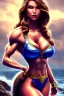 Placeholder: milf, bodybuilding, kräftig, brunett long gewelltes hair, smile, warrior princess, küste, nacht, wolf, große oberweite, corsage, fantasy art