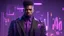 Placeholder: black man. 25 years. short afro hair shaved on the side. short beard. lean. blazer and dress pants. standing. cyberpunk style, purple cyberpunk background, 8k, hyper detailed