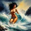 Placeholder: [aquarelle by Boris Vallejo] Calypso clung to the jagged rock, her body buffeted by the relentless fury of the elements. The wind howled with an intensity that matched the turmoil within her own heart. The sea, once a tranquil expanse, roared and churned, its crashing waves threatening to consume everything in their path.