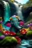 Placeholder: portrait of cute fluffy camo toy elephant jewelry in a water slide holding weird flowers in his trunk in the style of pixar, on a strange planet with weird colors and waterfalls, bokeh like f/0.8, tilt-shift lens 8k, high detail, smooth render, down-light, unreal engine, prize winning