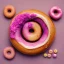 Placeholder: a large donut with other small donuts and pastries on a pink background, --ar3:2--v4--q2