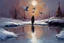 Placeholder: Gems, little puddle, space, person, ice, winter, flying birds, fantasy, john singer sangent impressionisn painting