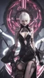 Placeholder: A close picture to blind vampire with white and pink short hair, slave, Tusks, malicious smile, Handcuffs, Weapon handcuffs in dreamshaper finetuned model with dynamic art style witg