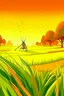 Placeholder: Rice field，Trees，Warm color palette，Animation，A lovely grasshopper，The grasshopper stood on the rice field