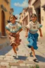 Placeholder: 2 maxican childeren running traditional clothes painting neoclassism in a traditional mexican city