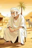 Placeholder: Old man, Arab, turban, white clothes, cattle, desert, council, sun, palm trees, mud houses, holding a stick, looking forward, a very slight smile.cartoon,Sitting on a chair