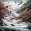 Placeholder: Rustic cherry branch floating down narrow rushing river, violent rapids, white peaks, birds flying. Highly detailed, fantasy, beautiful,hyperrelastic,