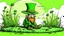 Placeholder: fantasy cartoon illustration: in the grass sits the tiniest man dressed in green from the tip of his toes to the top of his hat. It is a real live leprechaun!