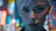 Placeholder: portrait of human android Anita, 25 years old female, short white hair, neat hairstyle tied back, white albino skin, shiny neon blue eyes, big eyes, many freckles on her face, with a blue blure glowing tattoo on her neck: , nice, kind and friendly face, blur background with neon lights