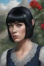 Placeholder: Planet of the Apes - black hair, Deep Blue Eyes - head and shoulders portrait - Lenna, part chimpanzee, part human, short, bowl-cut, straight black hair, the bangs cut straight across the forehead, she resembles a zira from the planet of the apes, and she resembles Leonard Nimoy - Mountains, blue skies, clouds, red roses, blue roses, yellow roses, honeysuckle roses, carnations, lilacs, professional quality, 32k, UHD, glossy, 1080p, Extremely high resolution Digital photograph, reality