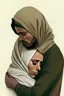 Placeholder: A man and a woman embrace each other in a tender moment. The woman, who is short in stature, rests her head on the man's chest. She wears a dark beige hijab and a white shirt. The man is wearing a green hoodie, and his dark brown hair is combed backwards. He places his chin on the woman's head and gently strokes it with one hand, while the other hand embraces her from around her shoulders. The woman, with slightly dark skin, has her eyes closed and tears streaming down her face.