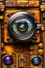 Placeholder: futuristic pinhole camera in Kente, rusted clocks lens, cinematic, scaffolding, cyberpunk, 8k quality