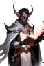 Placeholder: En Young male black skin black hair tiefling Wizard fra dnd holding a book with Arcane Magic in a silver and White Rope and a silver cloak. His horn a perfectly place on acet from the front to the back pointing upwards with glowing Red cat Eyes. His close is elegant get simple. Holding an ice Crystal in his Right Hand