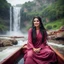 Placeholder: Hyper Realistic Photographic View Of A Gorgeous Pashto Girl (Wearing Simple Maroon Colored Dress & Wearing Plain Pink Dupatta On Her Neck) Happily Sitting & Smiling On A Boat & Showing Her Long Black Hair On The River With Beautiful Waterfall At The Back, At Heavy Rainy Weather Showing Dramatic & Cinematic Ambiance.