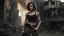 Placeholder: beautiful slender caucasian female technician with a knife, black tank top, well toned muscles, weathered face, scratched sand camo metal details, short brunette wavy bob haircut, dystopian, postapocalyptic city scene with smoke and explosions