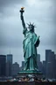 Placeholder: the statue of liberty, dress tattered an torn, her face solemn and terse, trash littered at her feet, the skyline dark and grungy